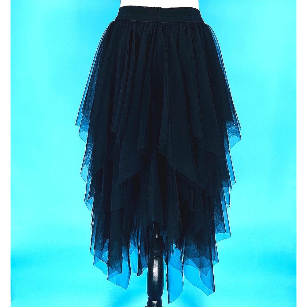 Black Tulle High Low Handkerchief Hem Tiered Mesh Midi Skirt Goth Whimsigoth S